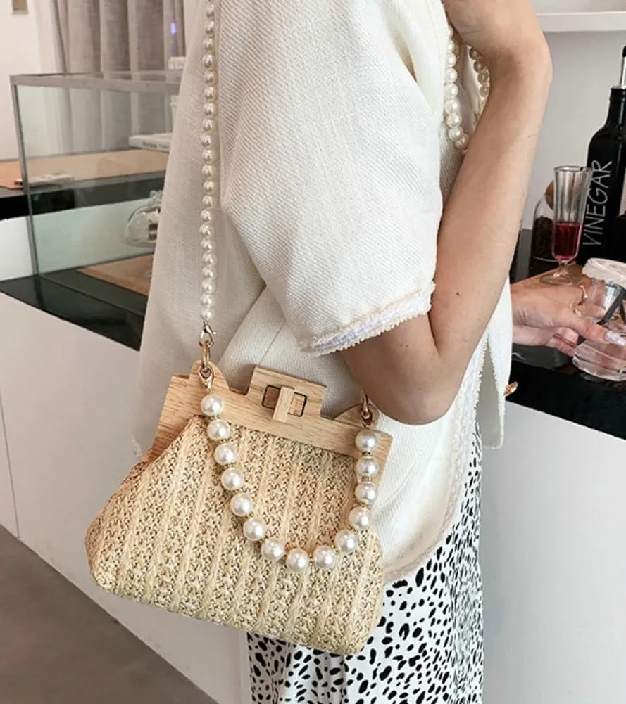 Straw Beach Bags For Women Summer Straw Cross-body Bag Raffia Handbag Pearls Purses Shoulder Bag Shell Shaped Bag 2025