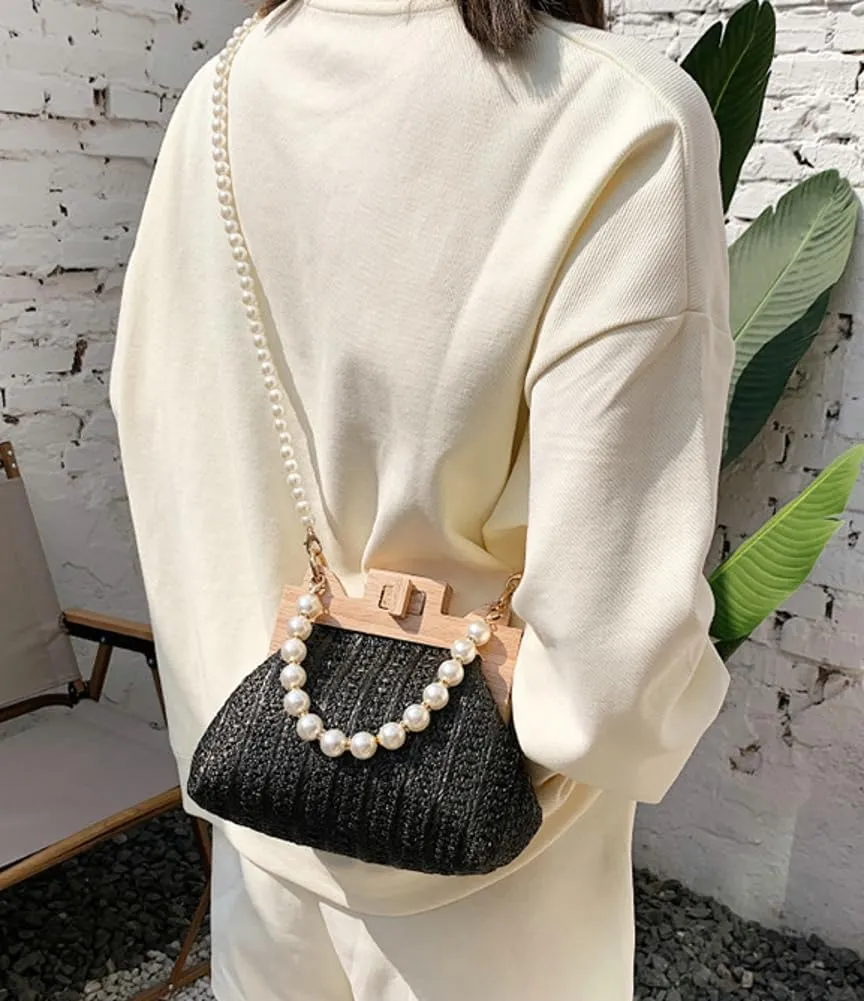 Straw Beach Bags For Women Summer Straw Cross-body Bag Raffia Handbag Pearls Purses Shoulder Bag Shell Shaped Bag 2025