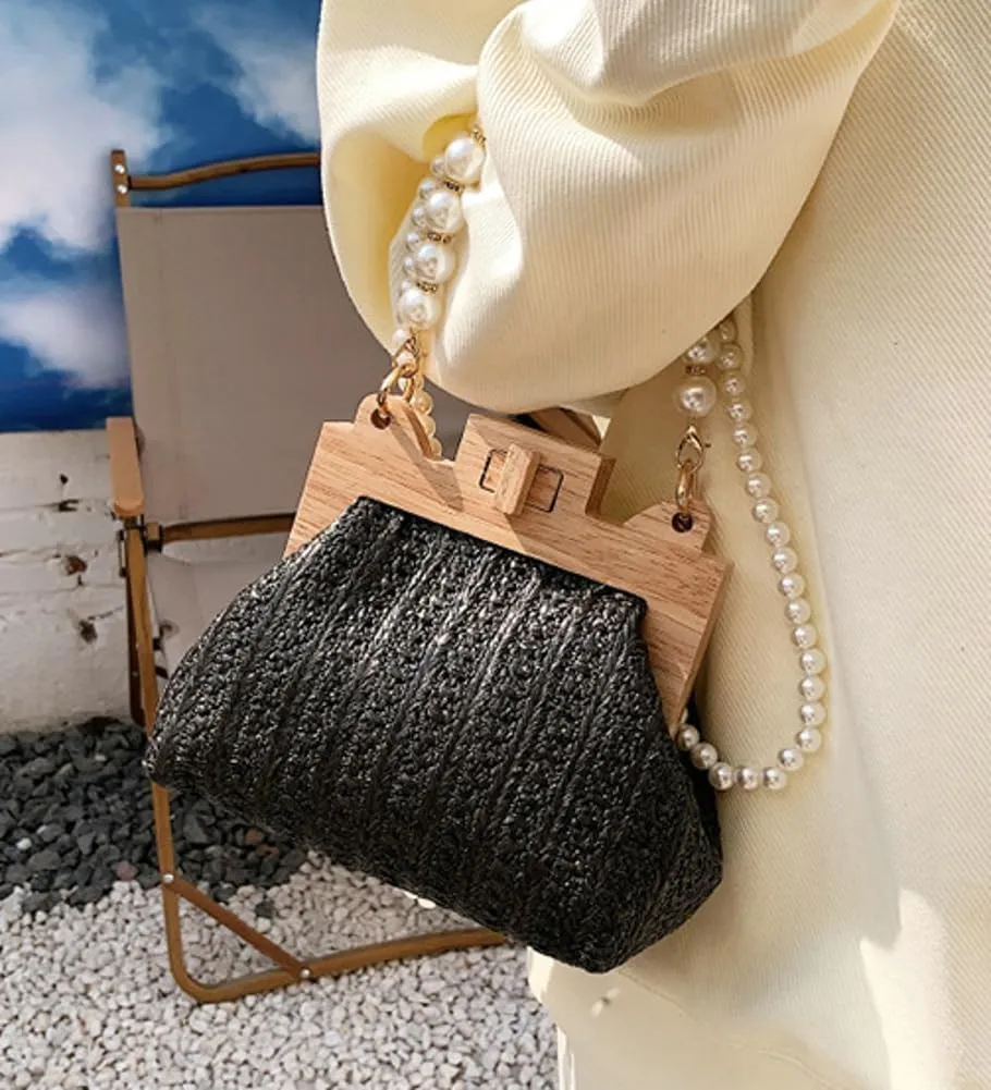 Straw Beach Bags For Women Summer Straw Cross-body Bag Raffia Handbag Pearls Purses Shoulder Bag Shell Shaped Bag 2025