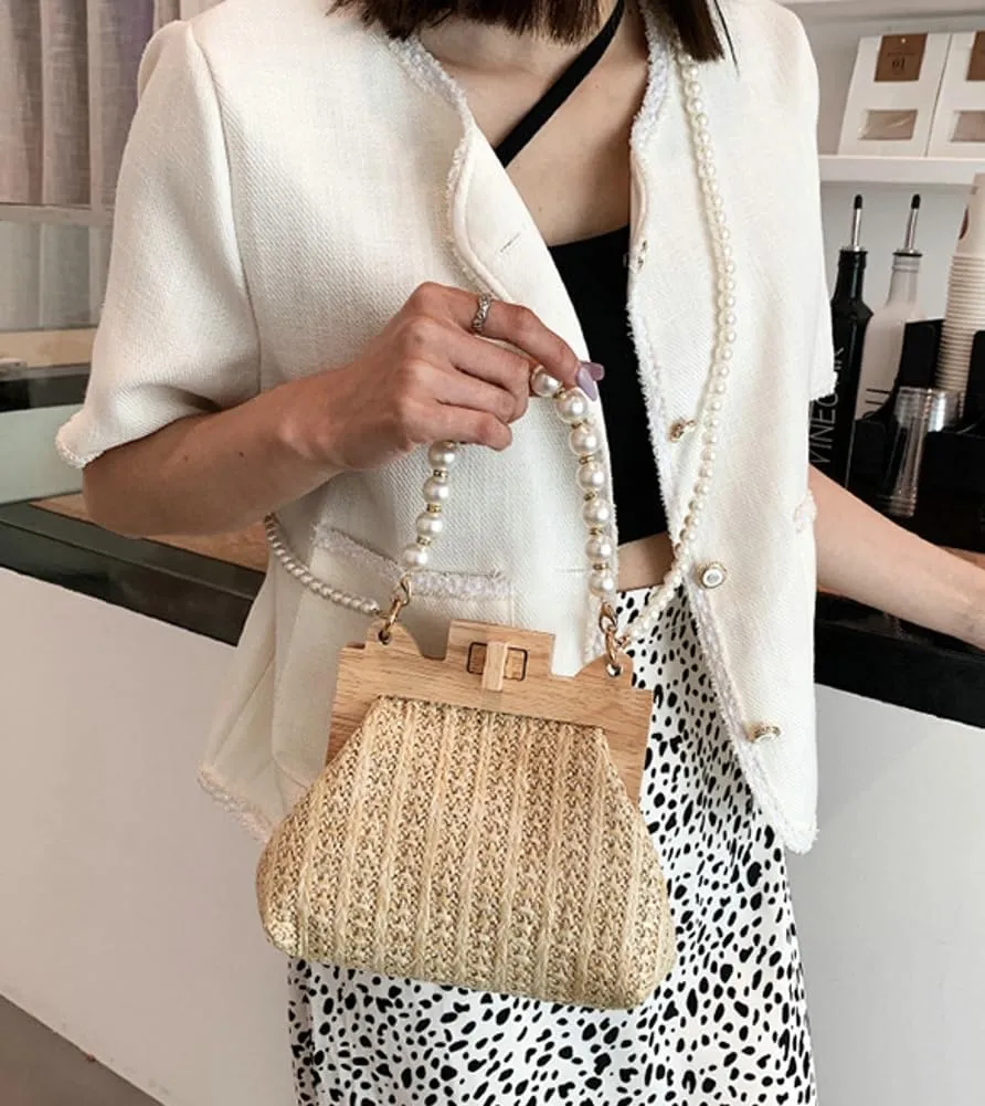 Straw Beach Bags For Women Summer Straw Cross-body Bag Raffia Handbag Pearls Purses Shoulder Bag Shell Shaped Bag 2025