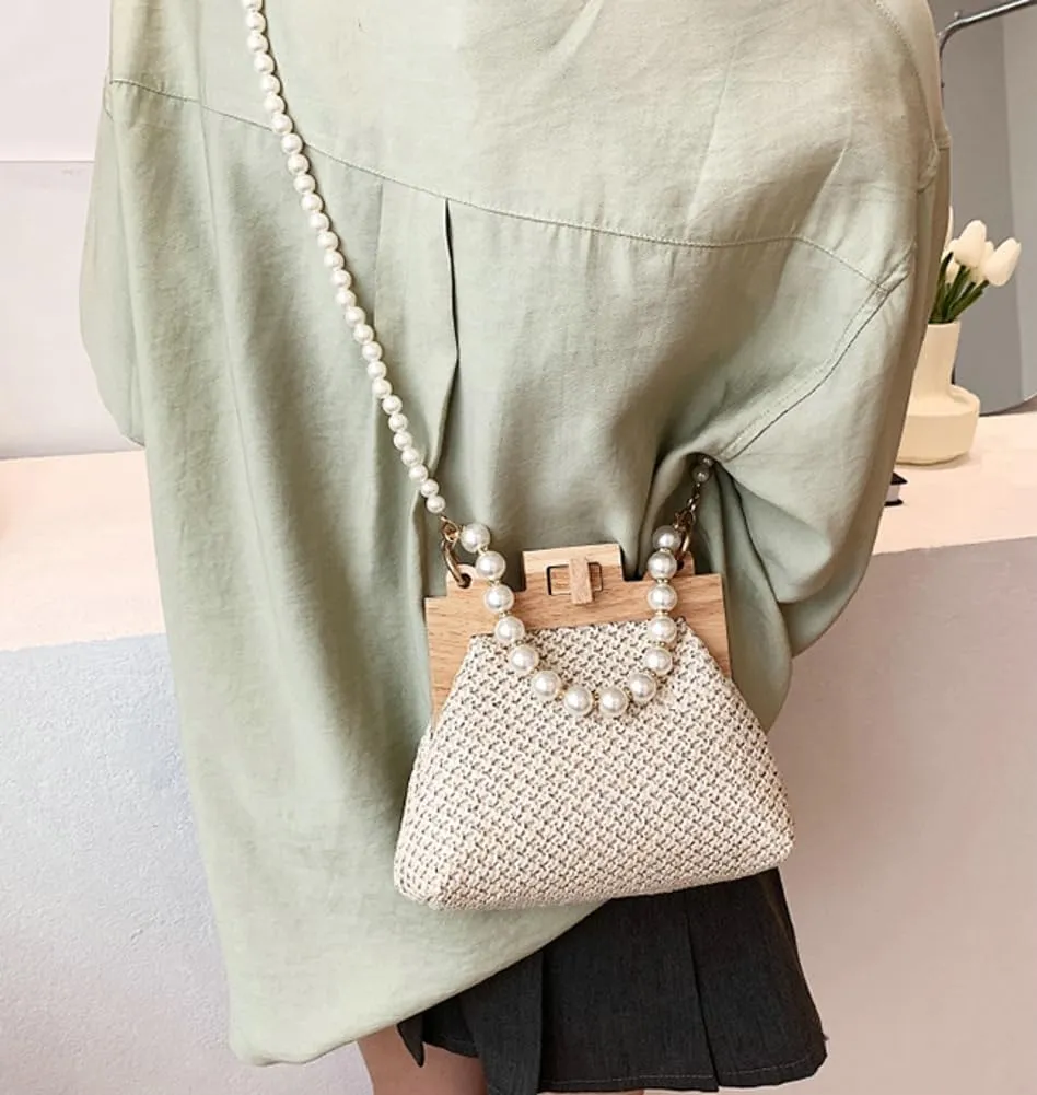 Straw Beach Bags For Women Summer Straw Cross-body Bag Raffia Handbag Pearls Purses Shoulder Bag Shell Shaped Bag 2025