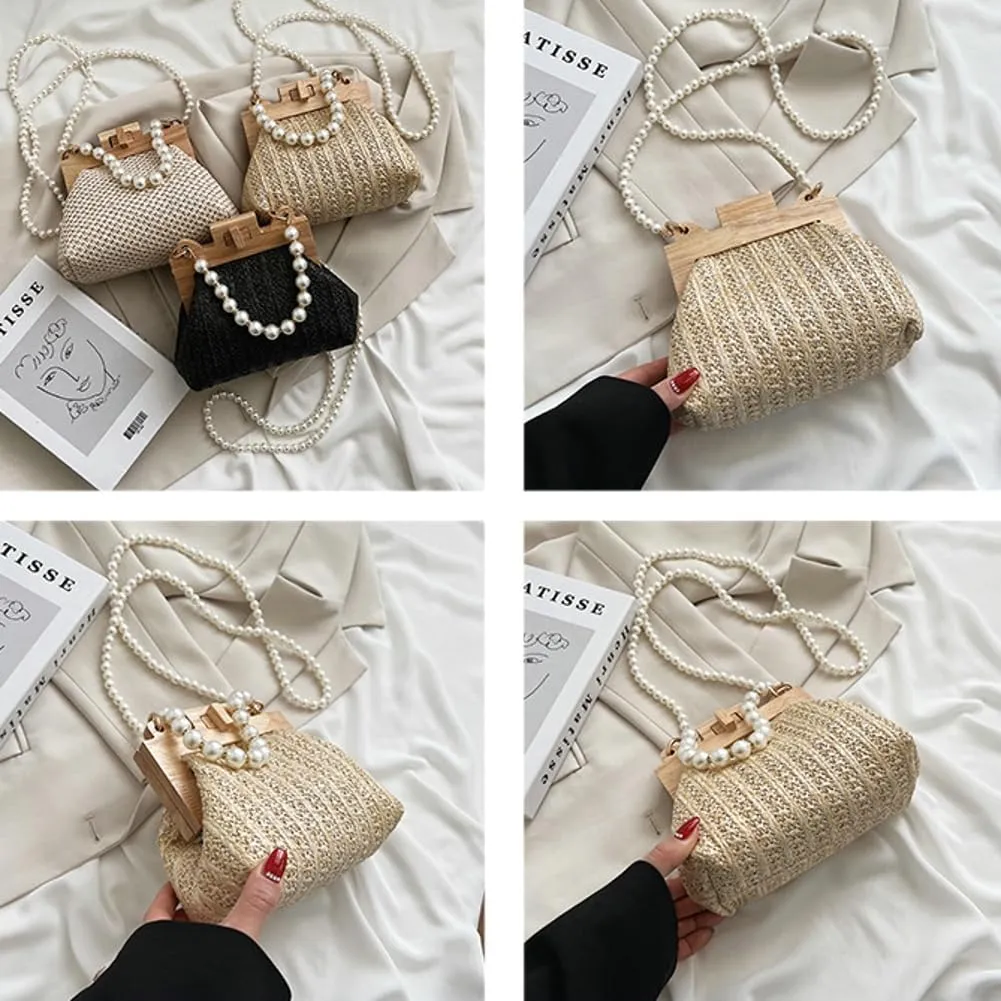 Straw Beach Bags For Women Summer Straw Cross-body Bag Raffia Handbag Pearls Purses Shoulder Bag Shell Shaped Bag 2025