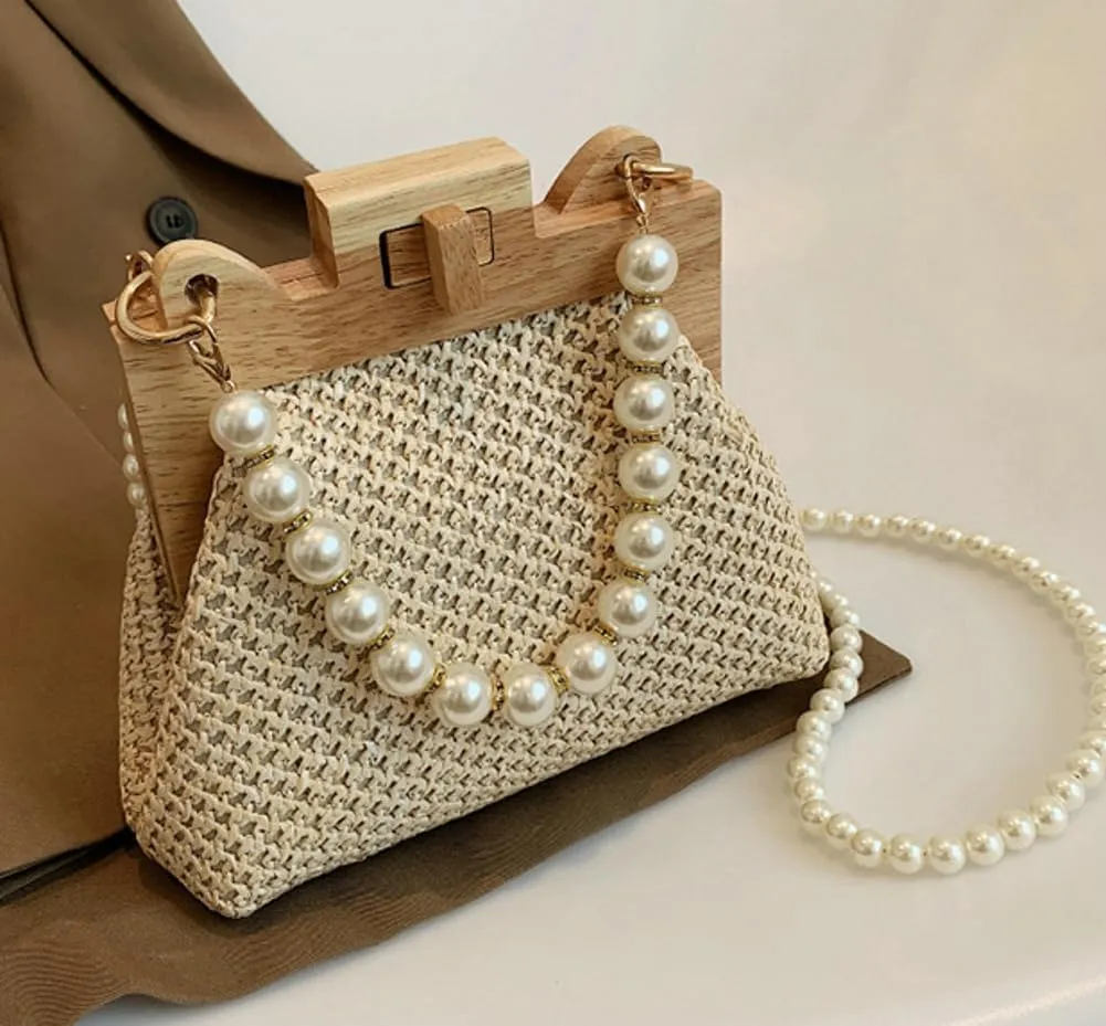 Straw Beach Bags For Women Summer Straw Cross-body Bag Raffia Handbag Pearls Purses Shoulder Bag Shell Shaped Bag 2025