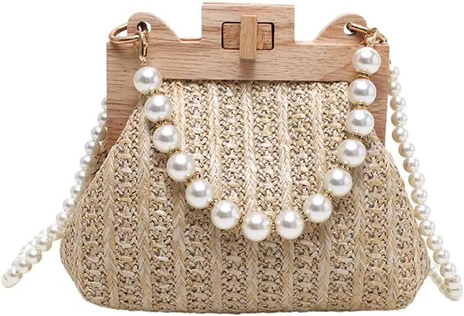 Straw Beach Bags For Women Summer Straw Cross-body Bag Raffia Handbag Pearls Purses Shoulder Bag Shell Shaped Bag 2025