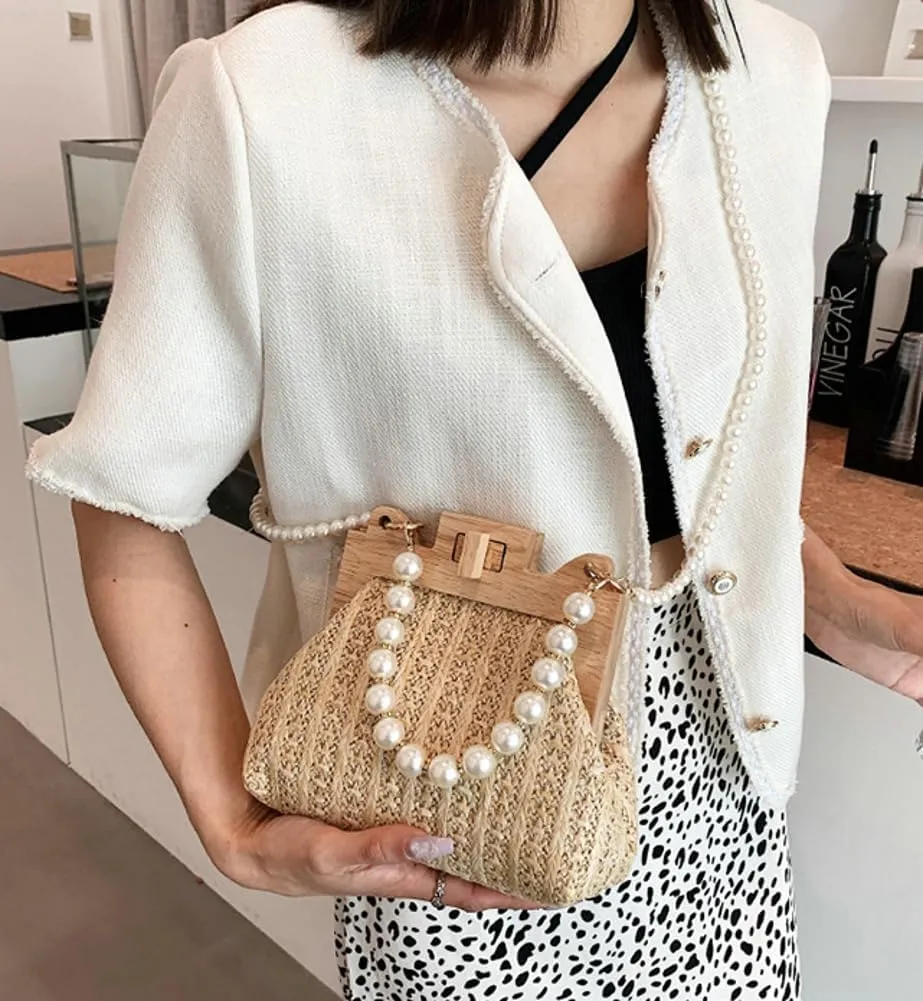 Straw Beach Bags For Women Summer Straw Cross-body Bag Raffia Handbag Pearls Purses Shoulder Bag Shell Shaped Bag 2025