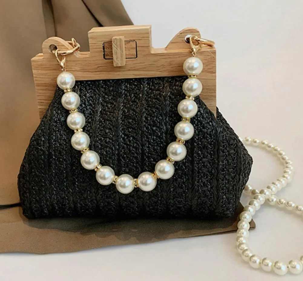 Straw Beach Bags For Women Summer Straw Cross-body Bag Raffia Handbag Pearls Purses Shoulder Bag Shell Shaped Bag 2025