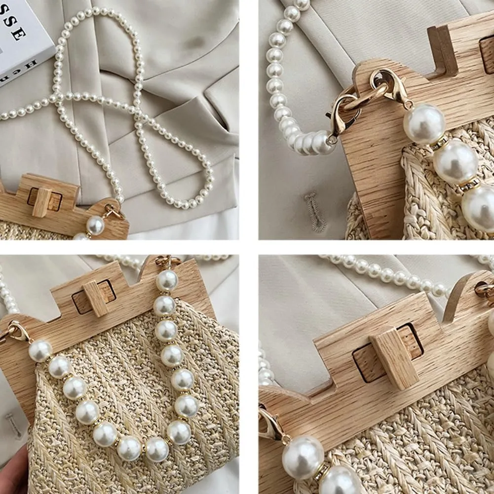 Straw Beach Bags For Women Summer Straw Cross-body Bag Raffia Handbag Pearls Purses Shoulder Bag Shell Shaped Bag 2025