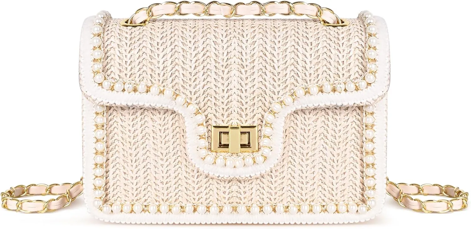 Straw Crossbody Bags for Women Summer Pearl Straw Clutch Purse Woven Shoulder Bag Vacation Handbags