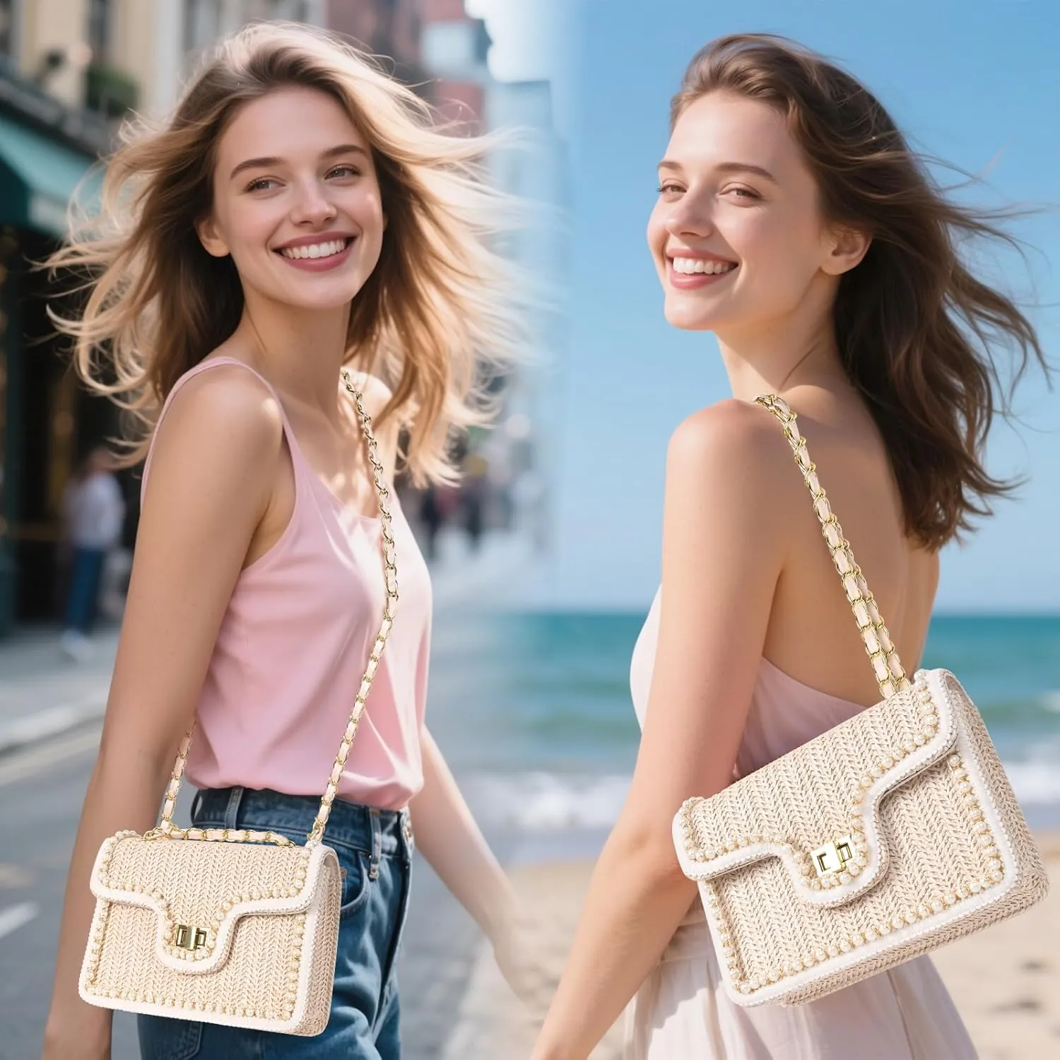 Straw Crossbody Bags for Women Summer Pearl Straw Clutch Purse Woven Shoulder Bag Vacation Handbags
