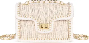 Straw Crossbody Bags for Women Summer Pearl Straw Clutch Purse Woven Shoulder Bag Vacation Handbags