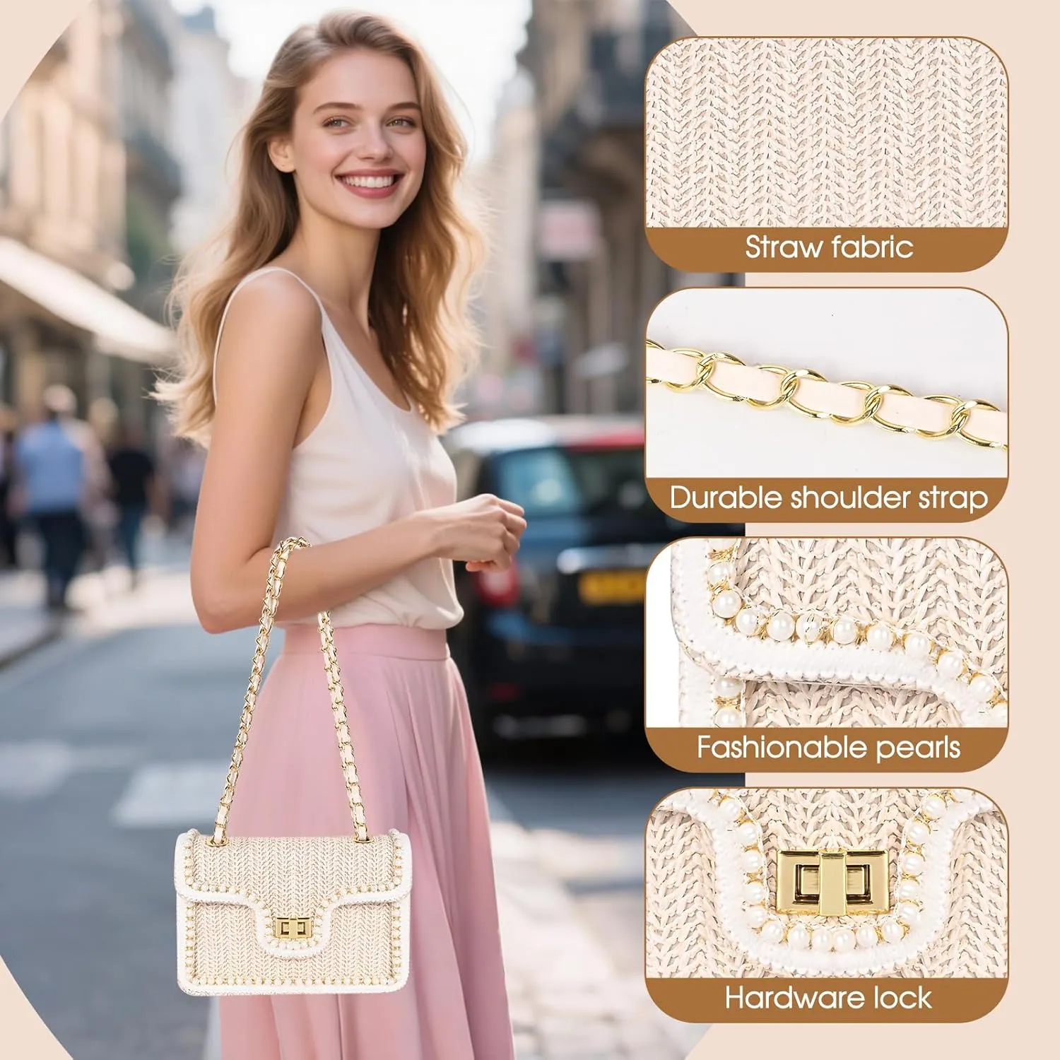 Straw Crossbody Bags for Women Summer Pearl Straw Clutch Purse Woven Shoulder Bag Vacation Handbags
