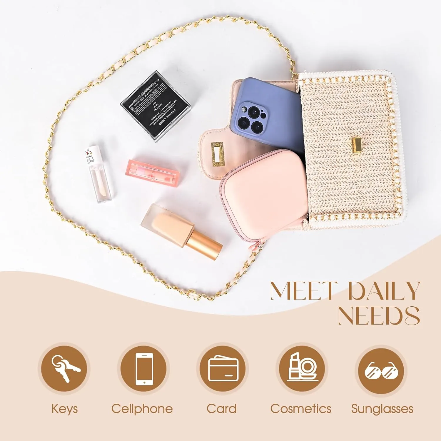 Straw Crossbody Bags for Women Summer Pearl Straw Clutch Purse Woven Shoulder Bag Vacation Handbags