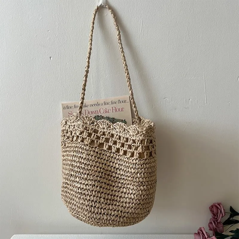 Straw Shoulder Bag Hand-Woven Boho Soft Large Straw Rattan Handbag Retro Summer Beach Bag Cut-out Lace Shoulder Tote