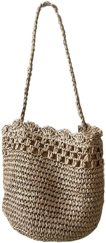Straw Shoulder Bag Hand-Woven Boho Soft Large Straw Rattan Handbag Retro Summer Beach Bag Cut-out Lace Shoulder Tote