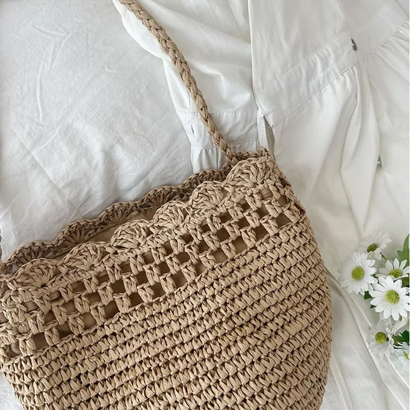 Straw Shoulder Bag Hand-Woven Boho Soft Large Straw Rattan Handbag Retro Summer Beach Bag Cut-out Lace Shoulder Tote