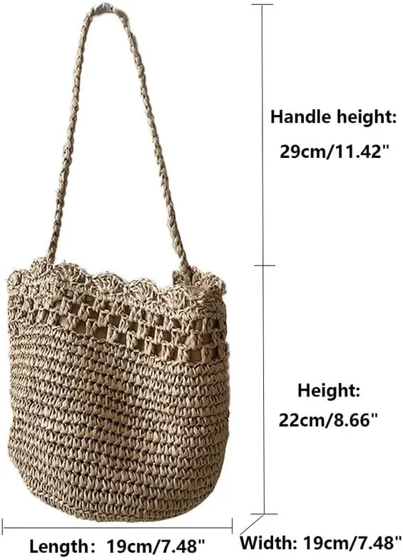 Straw Shoulder Bag Hand-Woven Boho Soft Large Straw Rattan Handbag Retro Summer Beach Bag Cut-out Lace Shoulder Tote