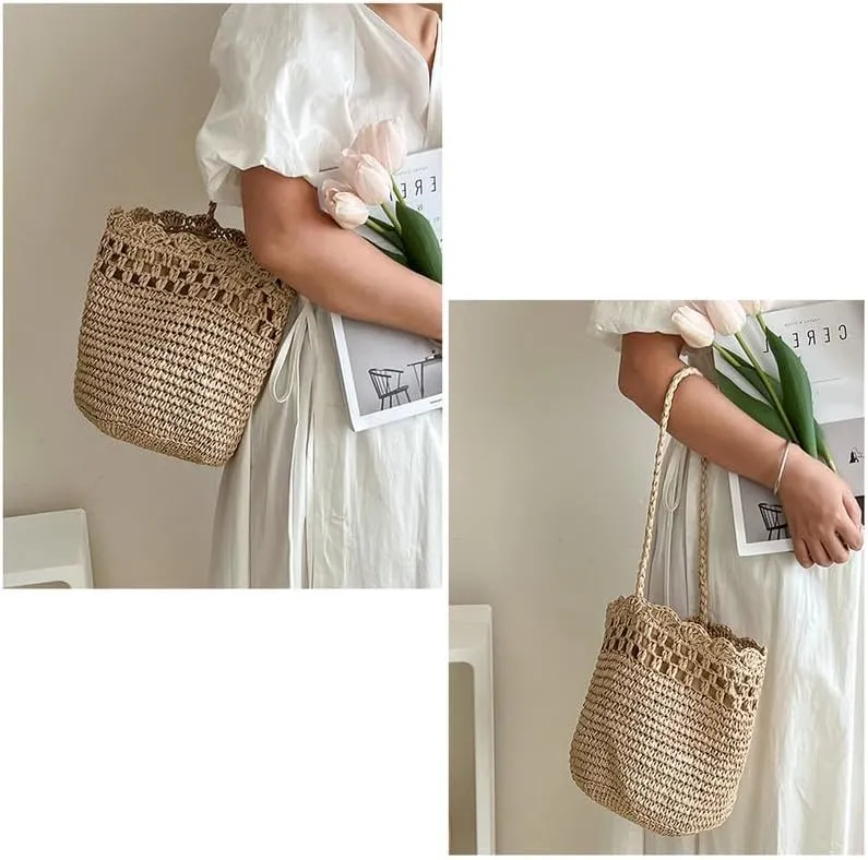 Straw Shoulder Bag Hand-Woven Boho Soft Large Straw Rattan Handbag Retro Summer Beach Bag Cut-out Lace Shoulder Tote