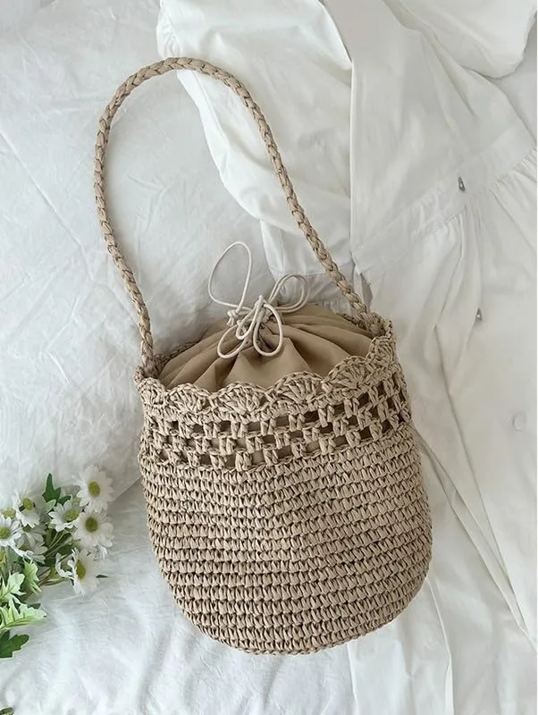 Straw Shoulder Bag Hand-Woven Boho Soft Large Straw Rattan Handbag Retro Summer Beach Bag Cut-out Lace Shoulder Tote