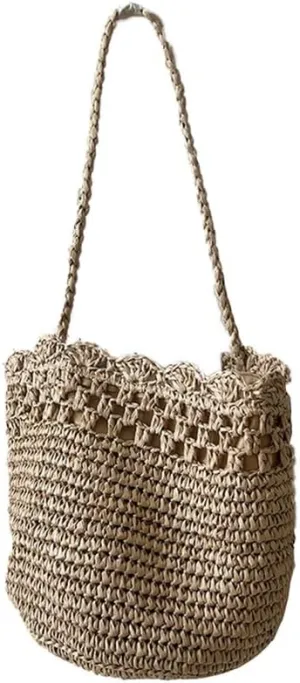 Straw Shoulder Bag Hand-Woven Boho Soft Large Straw Rattan Handbag Retro Summer Beach Bag Cut-out Lace Shoulder Tote