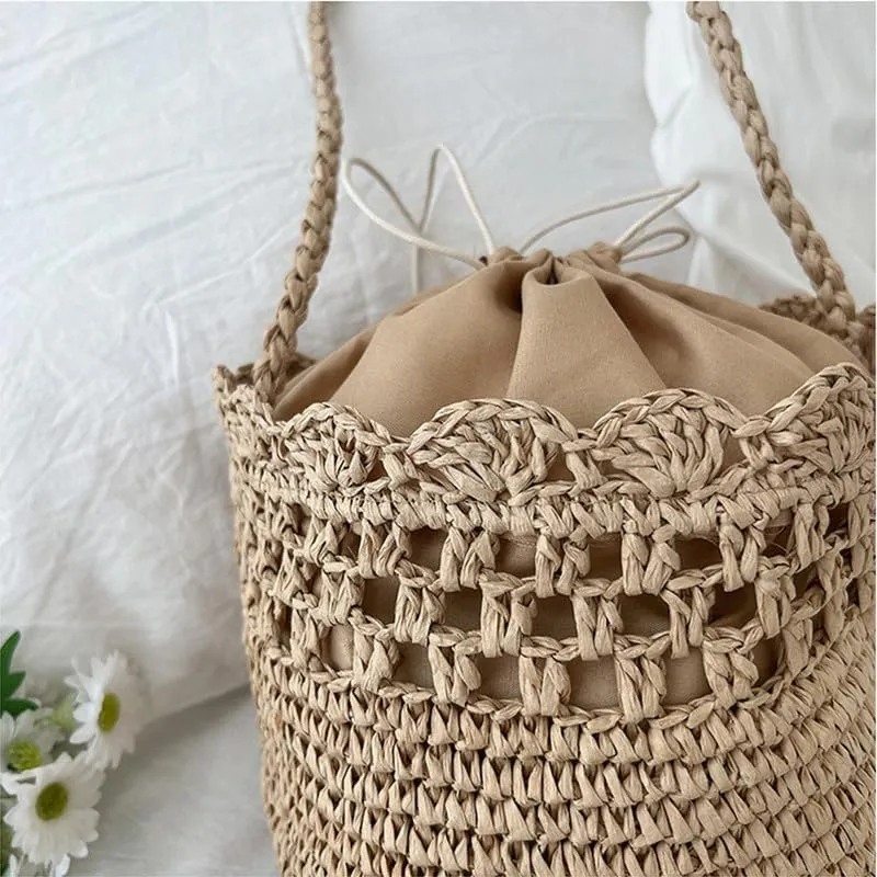 Straw Shoulder Bag Hand-Woven Boho Soft Large Straw Rattan Handbag Retro Summer Beach Bag Cut-out Lace Shoulder Tote
