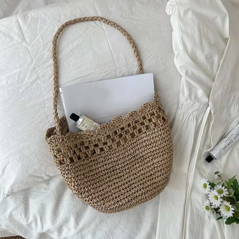 Straw Shoulder Bag Hand-Woven Boho Soft Large Straw Rattan Handbag Retro Summer Beach Bag Cut-out Lace Shoulder Tote
