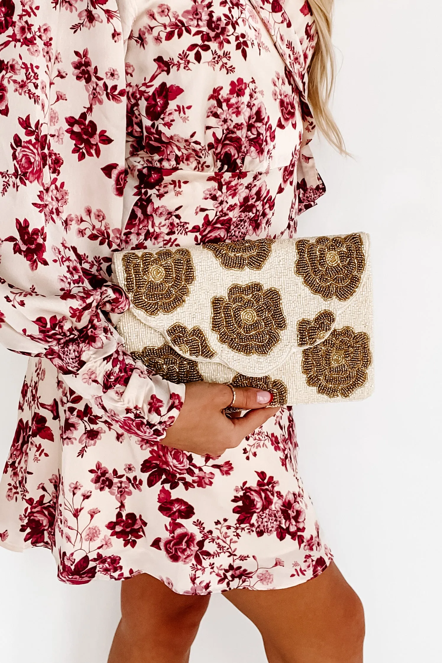 Stylish Status Floral Beaded Clutch (Cream/Rose Gold)