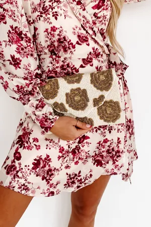 Stylish Status Floral Beaded Clutch (Cream/Rose Gold)