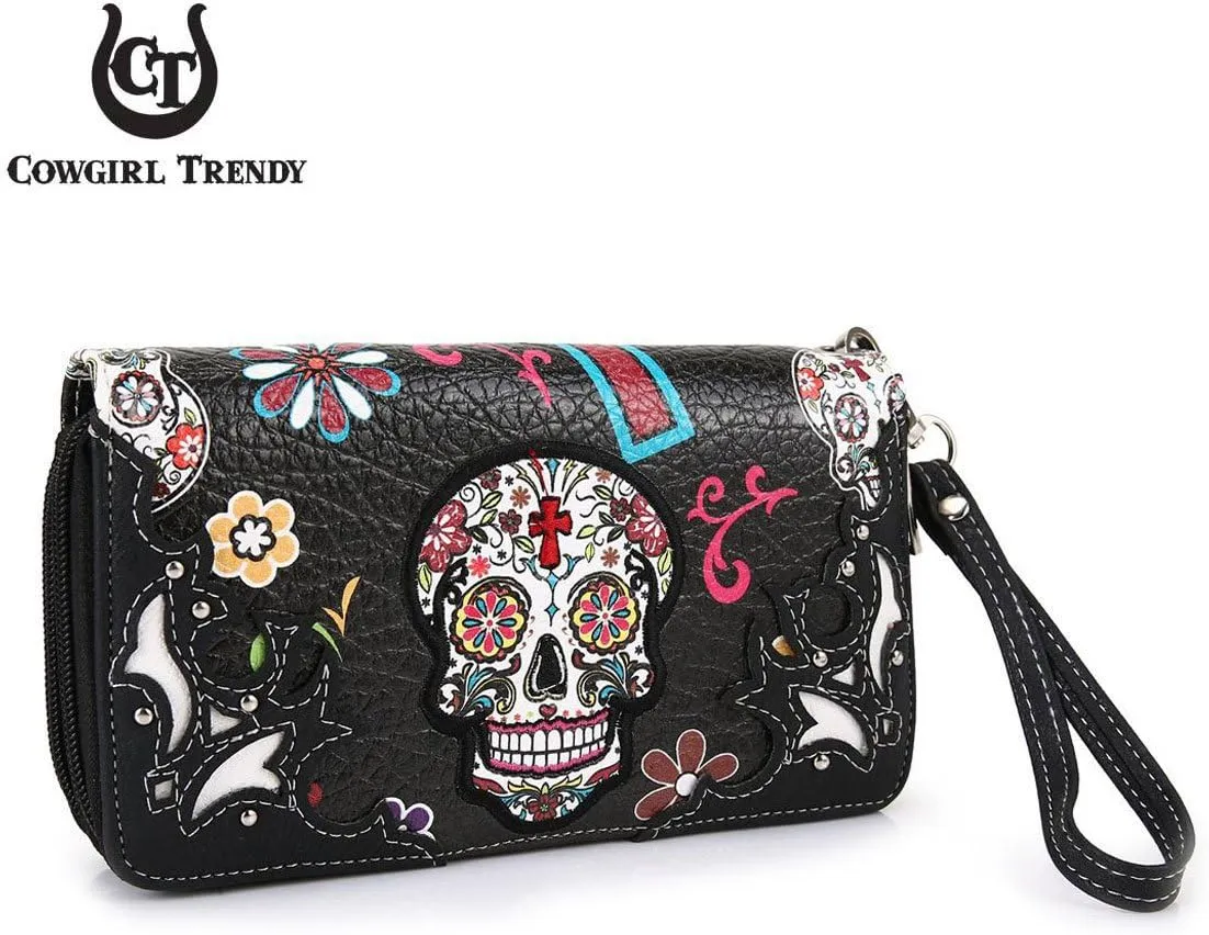 Sugar Skull Western Cross Clutch Wallet Day of the Dead Wristlet Purse Calavera