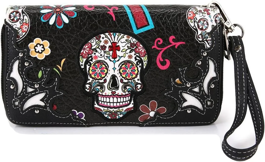 Sugar Skull Western Cross Clutch Wallet Day of the Dead Wristlet Purse Calavera