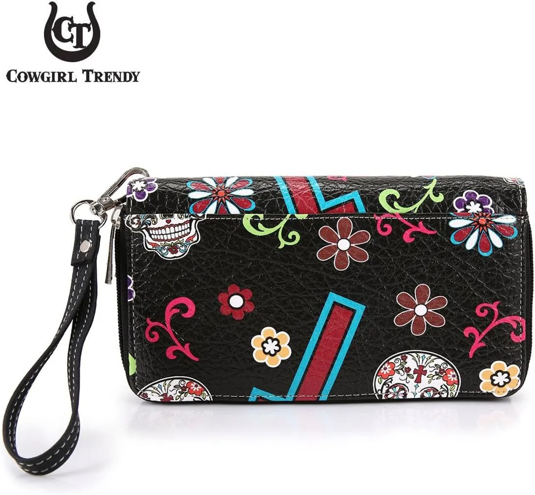 Sugar Skull Western Cross Clutch Wallet Day of the Dead Wristlet Purse Calavera