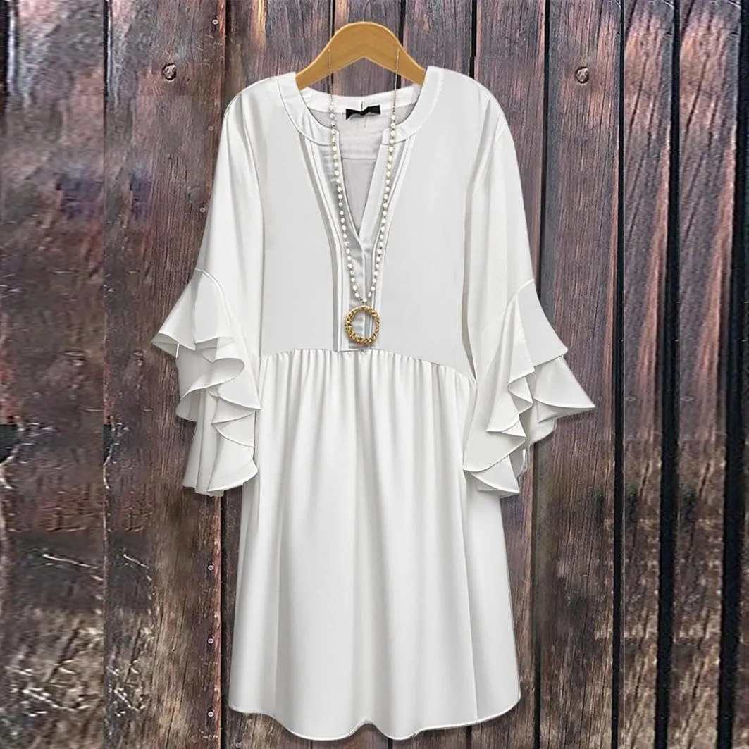 Summer Beach Vacation Dresses for Women Elegant Dressy Ruffled 3/4 Sleeve Notch V Neck Pleated Flowy Swing Mini Dress