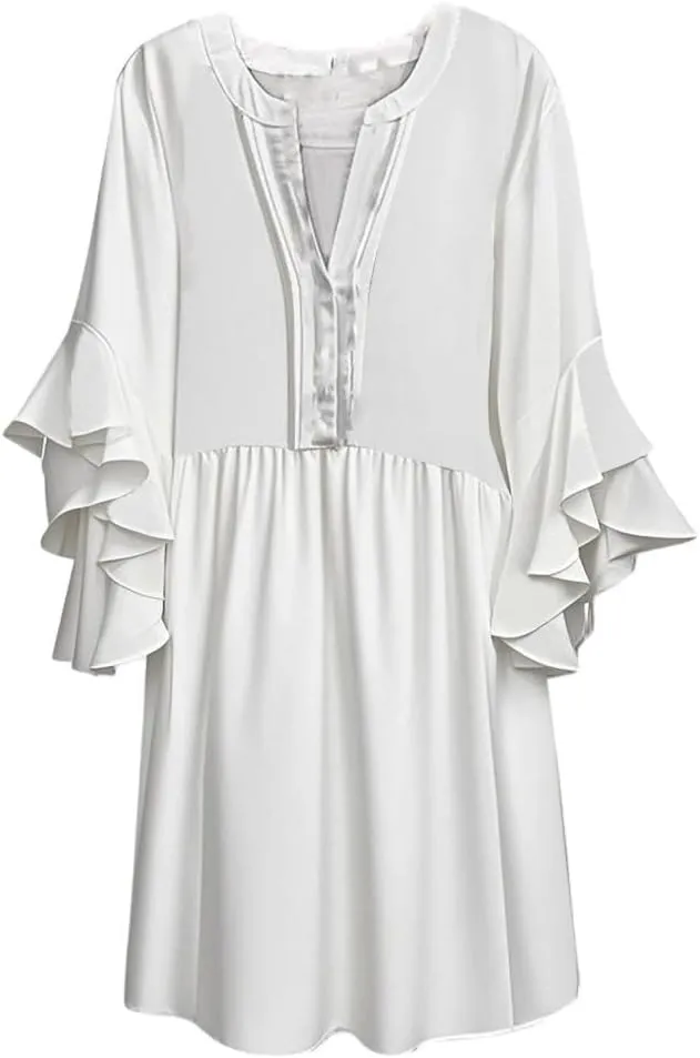 Summer Beach Vacation Dresses for Women Elegant Dressy Ruffled 3/4 Sleeve Notch V Neck Pleated Flowy Swing Mini Dress