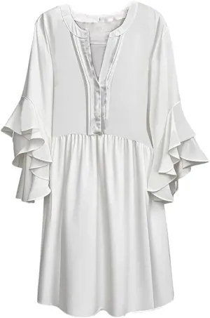 Summer Beach Vacation Dresses for Women Elegant Dressy Ruffled 3/4 Sleeve Notch V Neck Pleated Flowy Swing Mini Dress