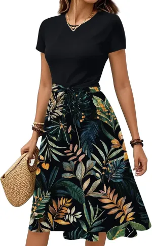 Summer Boho Dresses for Women 2025 Floral Print Short Sleeve U Neck Ruffle Dress with Belt Trendy Party Casual Midi Dress