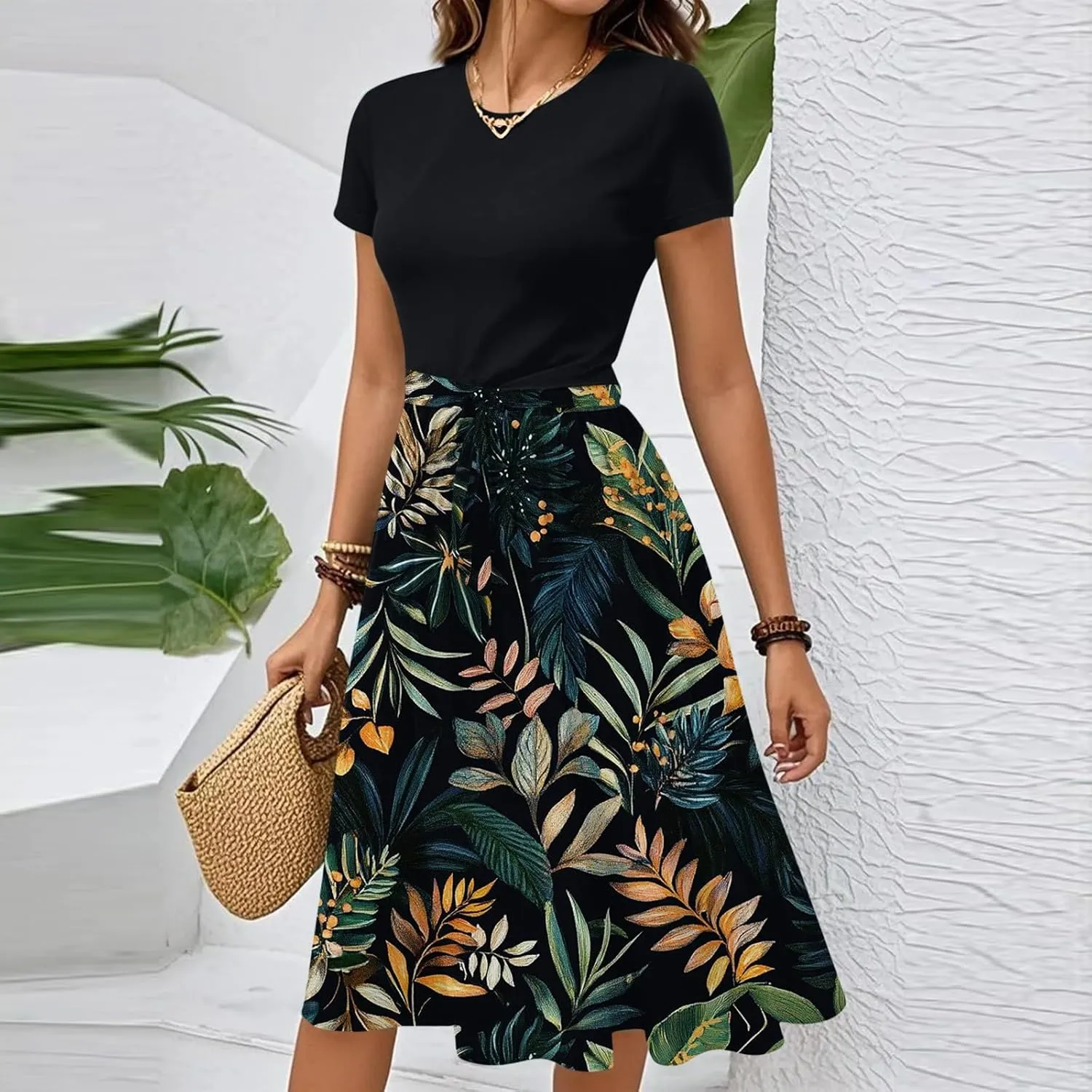 Summer Boho Dresses for Women 2025 Floral Print Short Sleeve U Neck Ruffle Dress with Belt Trendy Party Casual Midi Dress