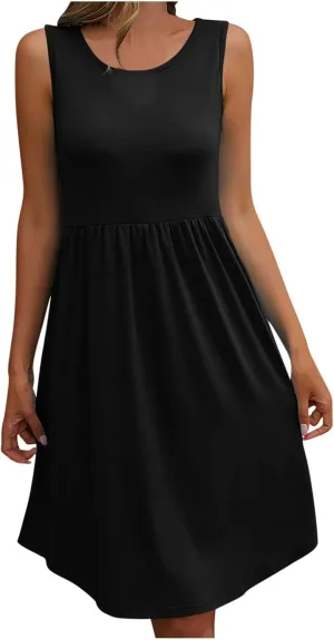 Summer Dress for Women Fashion Round Neck Loose Hem Sleeveless Casual Plus Size Comfy Dresses Working Vacation