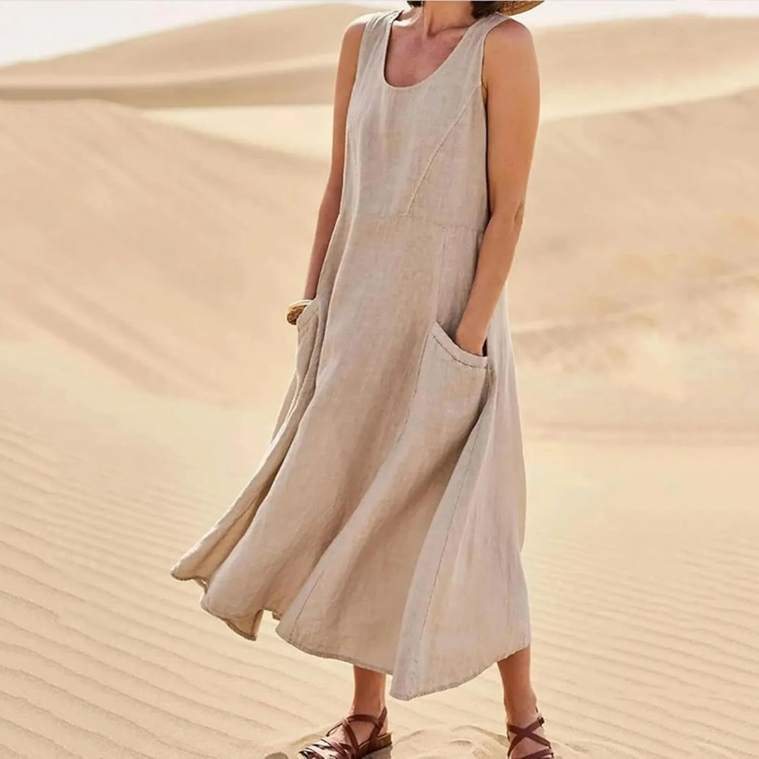 Summer Dresses for Women 2024 Linen Sleeveless Maxi Dresses Casual Plus Size Sundresses Flowy Vacation Long Dresses