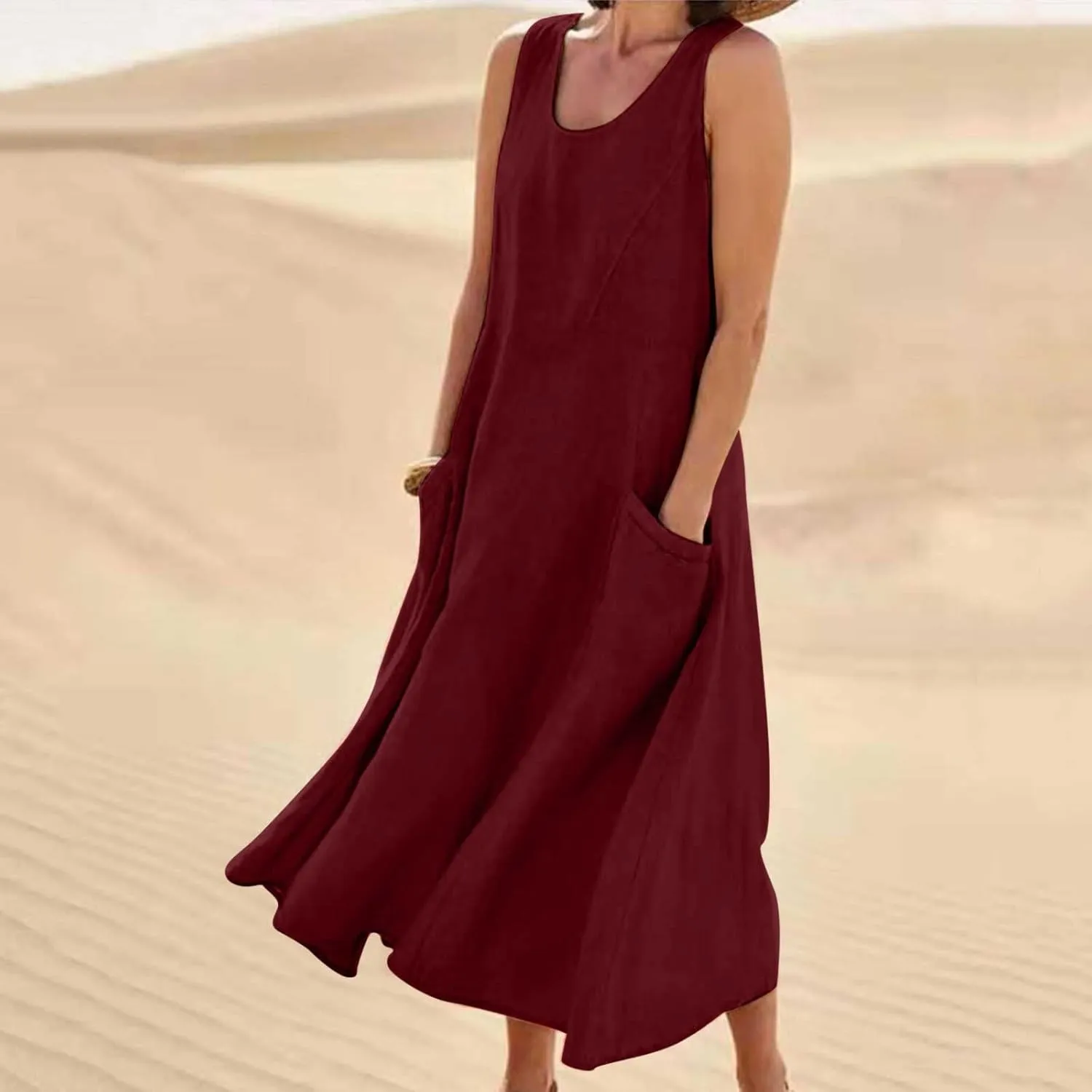 Summer Dresses for Women 2024 Linen Sleeveless Maxi Dresses Casual Plus Size Sundresses Flowy Vacation Long Dresses