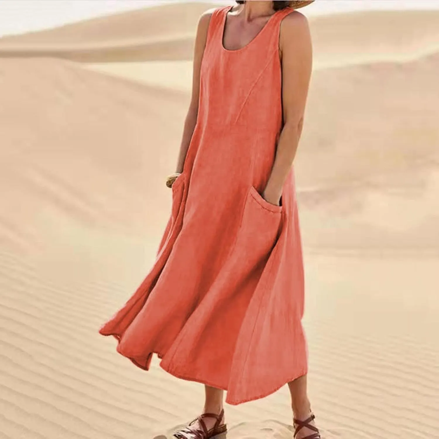 Summer Dresses for Women 2024 Linen Sleeveless Maxi Dresses Casual Plus Size Sundresses Flowy Vacation Long Dresses