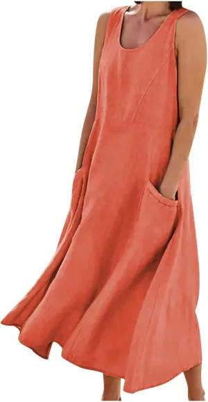 Summer Dresses for Women 2024 Linen Sleeveless Maxi Dresses Casual Plus Size Sundresses Flowy Vacation Long Dresses