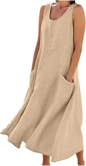 Summer Dresses for Women 2024 Linen Sleeveless Maxi Dresses Casual Plus Size Sundresses Flowy Vacation Long Dresses