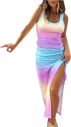 Summer Dresses for Women 2024 Sleeveless Square Neck Drawstring Side Slit Knitted Ribbed Bodycon Sexy Casual Sundress