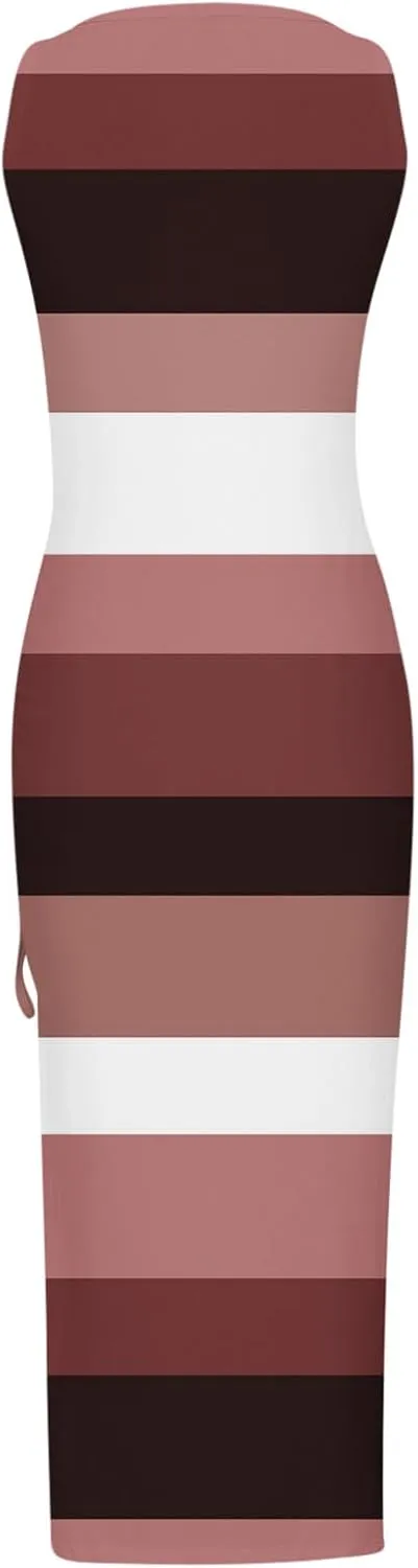 Summer Dresses for Women 2024 Sleeveless Square Neck Drawstring Side Slit Knitted Ribbed Bodycon Sexy Casual Sundress