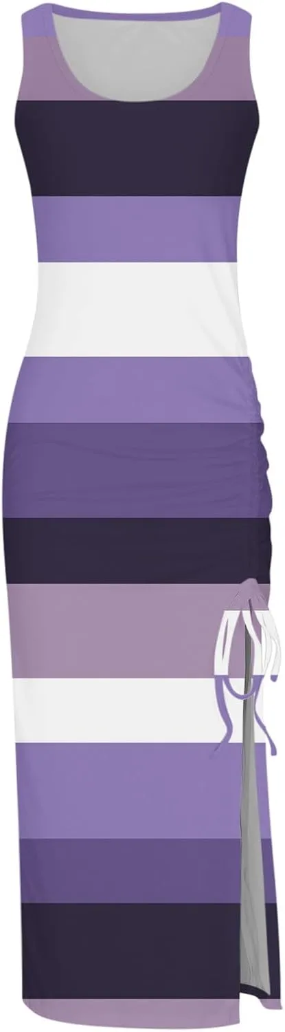 Summer Dresses for Women 2024 Sleeveless Square Neck Drawstring Side Slit Knitted Ribbed Bodycon Sexy Casual Sundress