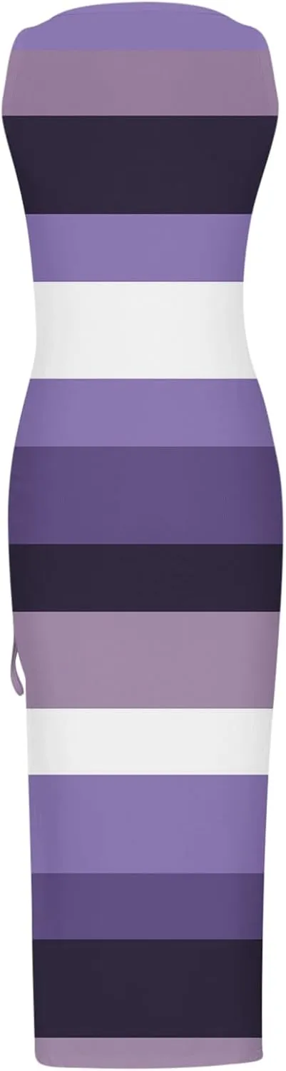 Summer Dresses for Women 2024 Sleeveless Square Neck Drawstring Side Slit Knitted Ribbed Bodycon Sexy Casual Sundress