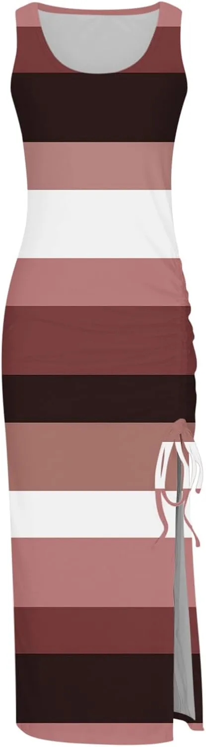 Summer Dresses for Women 2024 Sleeveless Square Neck Drawstring Side Slit Knitted Ribbed Bodycon Sexy Casual Sundress