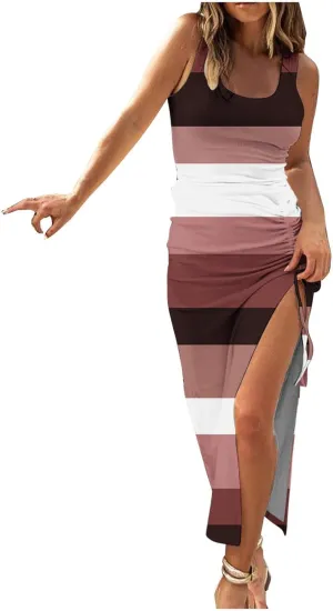 Summer Dresses for Women 2024 Sleeveless Square Neck Drawstring Side Slit Knitted Ribbed Bodycon Sexy Casual Sundress