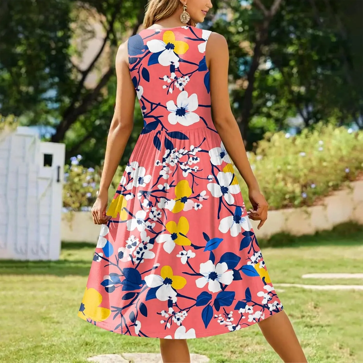 Summer Dresses for Women 2025 Floral Camisole Midi Dress Elegent Empire Waist Plisse Draped Sleeveless Beach Sundresses