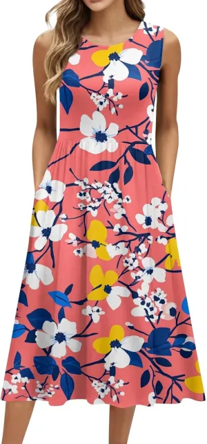 Summer Dresses for Women 2025 Floral Camisole Midi Dress Elegent Empire Waist Plisse Draped Sleeveless Beach Sundresses