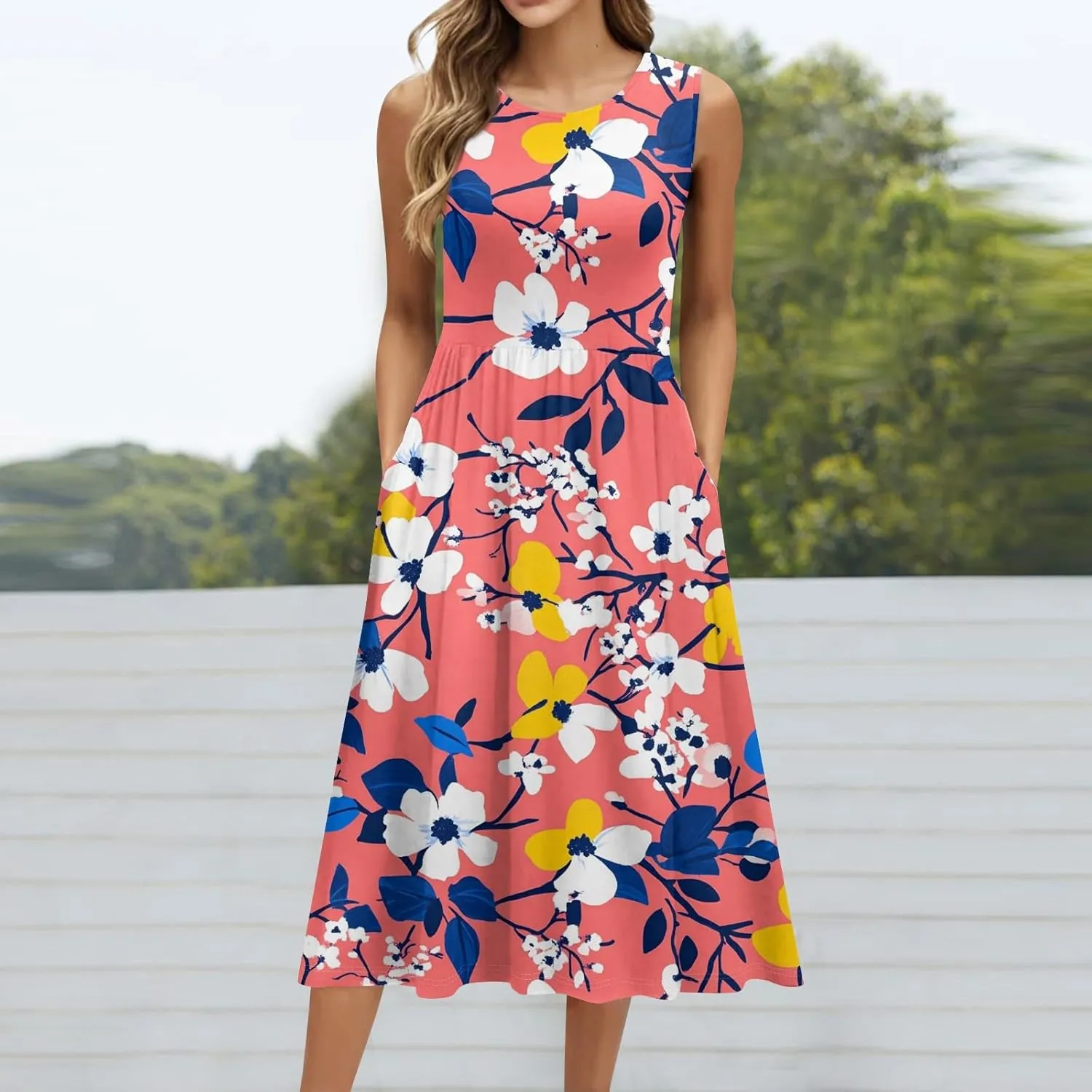 Summer Dresses for Women 2025 Floral Camisole Midi Dress Elegent Empire Waist Plisse Draped Sleeveless Beach Sundresses